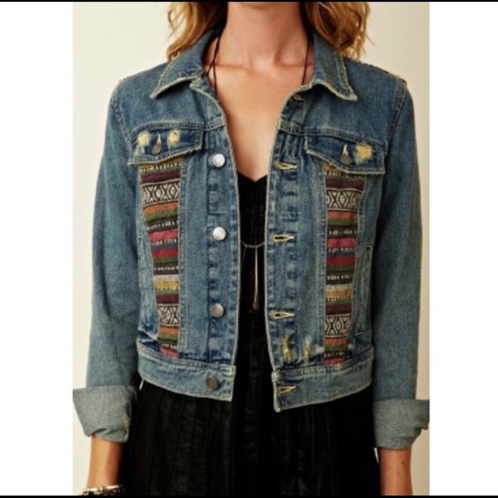 Free People | Baja Embroidered & Distressed Denim Jacket